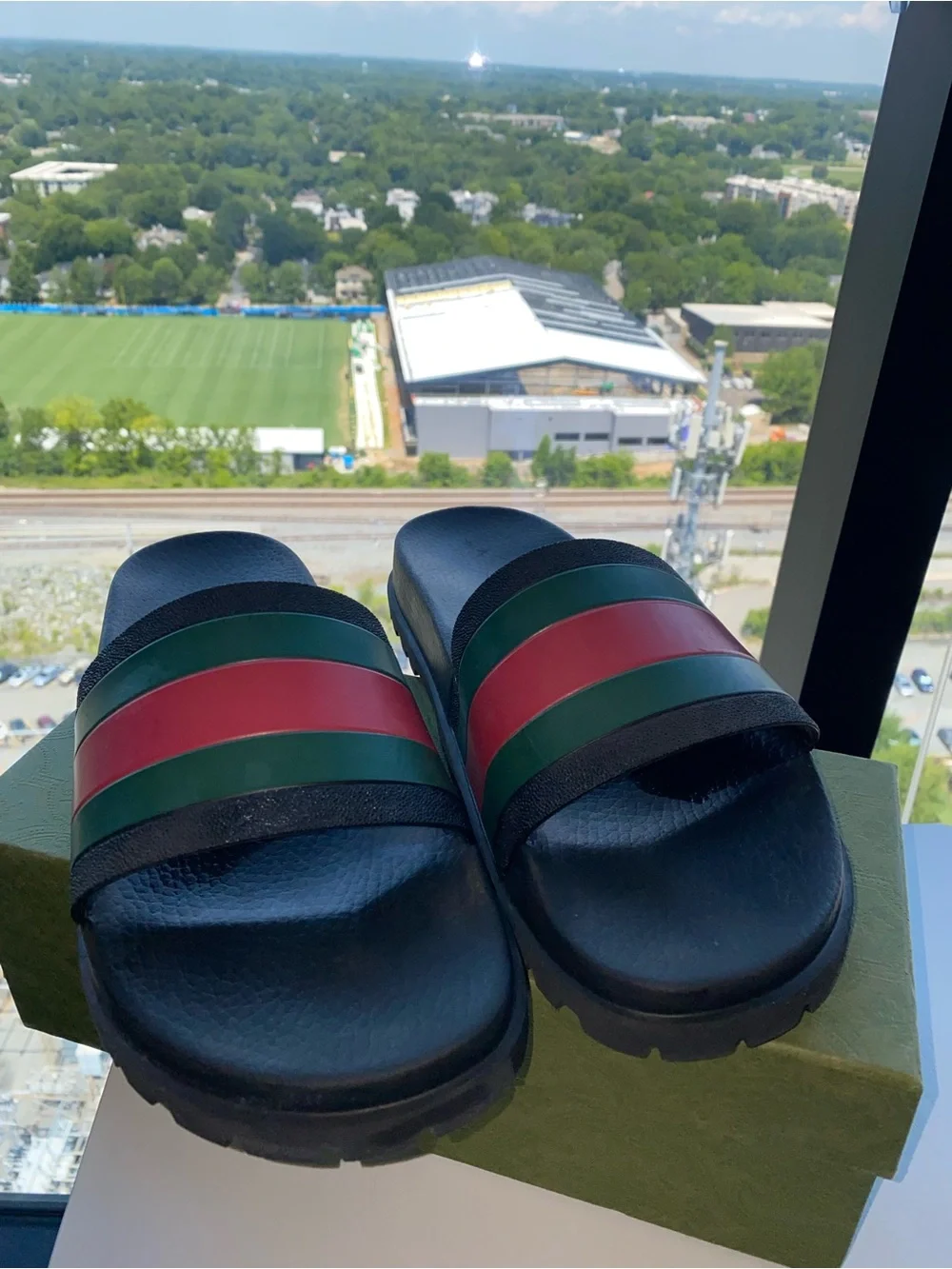 Black Slide Sandals with Green and Red Stripes